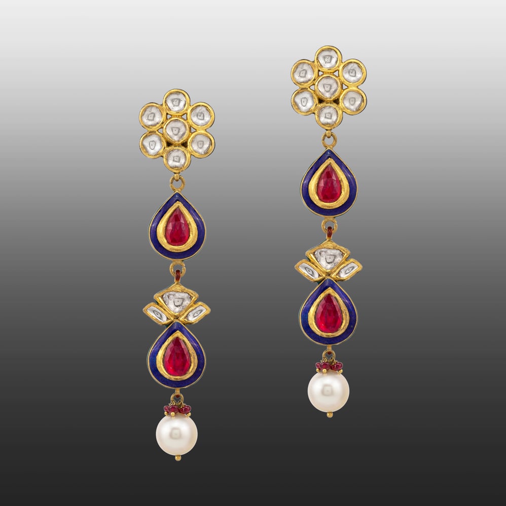 Floral Red Polki Earrings with Blue Enamel and Pearl Drop
